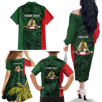 Personalised PNG East Sepik Province Family Matching Off The Shoulder Long Sleeve Dress and Hawaiian Shirt Bird of Paradise Tattoo Flag Motif - Polynesian Pride