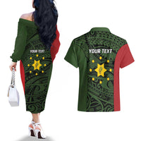 Personalised PNG Eastern Highlands Couples Matching Off The Shoulder Long Sleeve Dress and Hawaiian Shirt Bird of Paradise Tattoo Flag Motif - Polynesian Pride