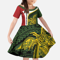 Personalised PNG Eastern Highlands Family Matching Off The Shoulder Long Sleeve Dress and Hawaiian Shirt Bird of Paradise Tattoo Flag Motif - Polynesian Pride