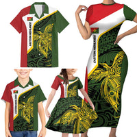 Personalised PNG Eastern Highlands Family Matching Short Sleeve Bodycon Dress and Hawaiian Shirt Bird of Paradise Tattoo Flag Motif - Polynesian Pride