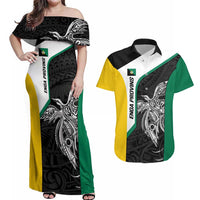 Personalised PNG Enga Province Couples Matching Off Shoulder Maxi Dress and Hawaiian Shirt Bird of Paradise Tattoo Flag Motif - Polynesian Pride