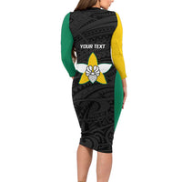 Personalised PNG Enga Province Long Sleeve Bodycon Dress Bird of Paradise Tattoo Flag Motif - Polynesian Pride