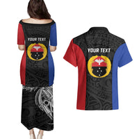 Personalised PNG Gulf Province Couples Matching Puletasi and Hawaiian Shirt Bird of Paradise Tattoo Flag Motif - Polynesian Pride