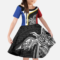 Personalised PNG Gulf Province Family Matching Off The Shoulder Long Sleeve Dress and Hawaiian Shirt Bird of Paradise Tattoo Flag Motif - Polynesian Pride