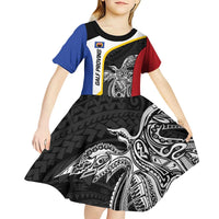 Personalised PNG Gulf Province Kid Short Sleeve Dress Bird of Paradise Tattoo Flag Motif - Polynesian Pride