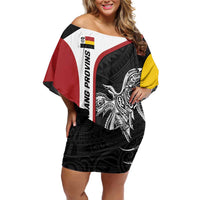 Personalised PNG Madang Province Family Matching Off Shoulder Short Dress and Hawaiian Shirt Bird of Paradise Tattoo Flag Motif - Polynesian Pride