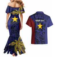 Personalised PNG Milne Bay Province Couples Matching Mermaid Dress and Hawaiian Shirt Bird of Paradise Tattoo Flag Motif - Polynesian Pride
