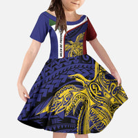 Personalised PNG Milne Bay Province Family Matching Off The Shoulder Long Sleeve Dress and Hawaiian Shirt Bird of Paradise Tattoo Flag Motif - Polynesian Pride