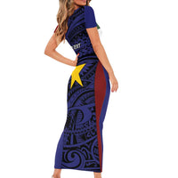 Personalised PNG Milne Bay Province Short Sleeve Bodycon Dress Bird of Paradise Tattoo Flag Motif - Polynesian Pride