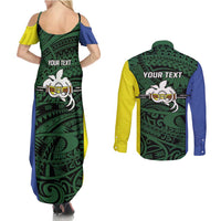 Personalised PNG Morobe Province Couples Matching Summer Maxi Dress and Long Sleeve Button Shirt Bird of Paradise Tattoo Flag Motif LT9 - Polynesian Pride