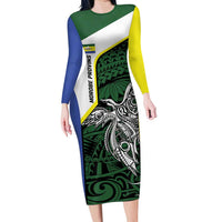 Personalised PNG Morobe Province Family Matching Long Sleeve Bodycon Dress and Hawaiian Shirt Bird of Paradise Tattoo Flag Motif LT9 Mom's Dress Green - Polynesian Pride