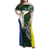 Personalised PNG Morobe Province Family Matching Off Shoulder Maxi Dress and Hawaiian Shirt Bird of Paradise Tattoo Flag Motif LT9 Mom's Dress Green - Polynesian Pride