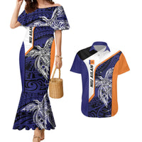 Personalised PNG New Ireland Couples Matching Mermaid Dress and Hawaiian Shirt Bird of Paradise Tattoo Flag Motif LT9 Orange - Polynesian Pride
