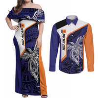 Personalised PNG New Ireland Couples Matching Off Shoulder Maxi Dress and Long Sleeve Button Shirt Bird of Paradise Tattoo Flag Motif LT9 Orange - Polynesian Pride