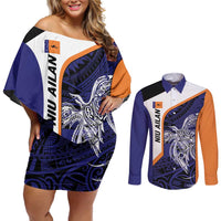 Personalised PNG New Ireland Couples Matching Off Shoulder Short Dress and Long Sleeve Button Shirt Bird of Paradise Tattoo Flag Motif LT9 Orange - Polynesian Pride