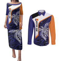 Personalised PNG New Ireland Couples Matching Puletasi and Long Sleeve Button Shirt Bird of Paradise Tattoo Flag Motif LT9 Orange - Polynesian Pride