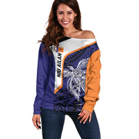Personalised PNG New Ireland Off Shoulder Sweater Bird of Paradise Tattoo Flag Motif LT9 Women Orange - Polynesian Pride