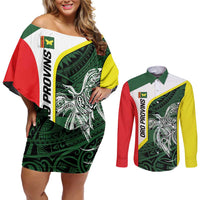 Personalised PNG Oro Province Couples Matching Off Shoulder Short Dress and Long Sleeve Button Shirt Bird of Paradise Tattoo Flag Motif LT9 Green - Polynesian Pride