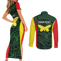 Personalised PNG Oro Province Couples Matching Short Sleeve Bodycon Dress and Long Sleeve Button Shirt Bird of Paradise Tattoo Flag Motif LT9 - Polynesian Pride