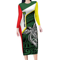 Personalised PNG Oro Province Family Matching Long Sleeve Bodycon Dress and Hawaiian Shirt Bird of Paradise Tattoo Flag Motif LT9 Mom's Dress Green - Polynesian Pride