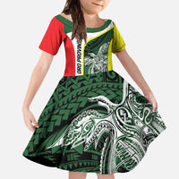 Personalised PNG Oro Province Family Matching Off The Shoulder Long Sleeve Dress and Hawaiian Shirt Bird of Paradise Tattoo Flag Motif LT9 Daughter's Dress Green - Polynesian Pride