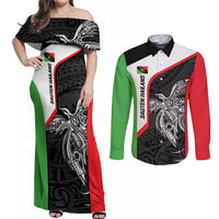 Personalised PNG Southern Highlands Province Couples Matching Off Shoulder Maxi Dress and Long Sleeve Button Shirt Bird of Paradise Tattoo Flag Motif LT9 Red - Polynesian Pride