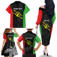 Personalised PNG Southern Highlands Province Family Matching Off The Shoulder Long Sleeve Dress and Hawaiian Shirt Bird of Paradise Tattoo Flag Motif LT9 - Polynesian Pride