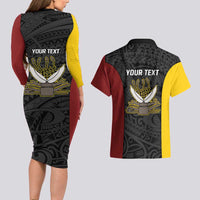 Personalised PNG Western Province Couples Matching Long Sleeve Bodycon Dress and Hawaiian Shirt Bird of Paradise Tattoo Flag Motif LT9 - Polynesian Pride