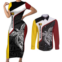 Personalised PNG Western Province Couples Matching Short Sleeve Bodycon Dress and Long Sleeve Button Shirt Bird of Paradise Tattoo Flag Motif LT9 Red - Polynesian Pride