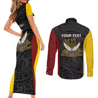 Personalised PNG Western Province Couples Matching Short Sleeve Bodycon Dress and Long Sleeve Button Shirt Bird of Paradise Tattoo Flag Motif LT9 - Polynesian Pride