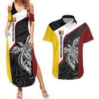 Personalised PNG Western Province Couples Matching Summer Maxi Dress and Hawaiian Shirt Bird of Paradise Tattoo Flag Motif LT9 Red - Polynesian Pride