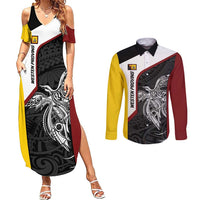 Personalised PNG Western Province Couples Matching Summer Maxi Dress and Long Sleeve Button Shirt Bird of Paradise Tattoo Flag Motif LT9 Red - Polynesian Pride