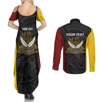 Personalised PNG Western Province Couples Matching Summer Maxi Dress and Long Sleeve Button Shirt Bird of Paradise Tattoo Flag Motif LT9 - Polynesian Pride