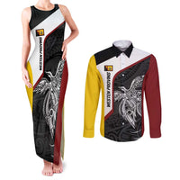 Personalised PNG Western Province Couples Matching Tank Maxi Dress and Long Sleeve Button Shirt Bird of Paradise Tattoo Flag Motif LT9 Red - Polynesian Pride