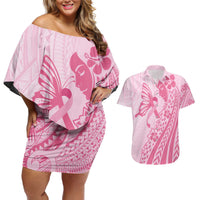 Pacific Girl and Butterfly Cancer Ribbon Personalised Couples Matching Off Shoulder Short Dress and Hawaiian Shirt