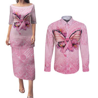 Faith Hope Love Butterfly Ribbon Personalised Couples Matching Puletasi and Long Sleeve Button Shirt LT9 Pink - Polynesian Pride