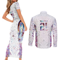 Custom New Zealand Aotearoa Couples Matching Short Sleeve Bodycon Dress and Long Sleeve Button Shirt Pink Maori Paua Shell Indigenous - Polynesian Pride