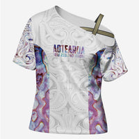 Custom New Zealand Aotearoa Cross Shoulder Shirt Pink Maori Paua Shell Indigenous - Polynesian Pride