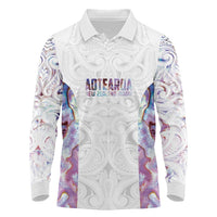 Custom New Zealand Aotearoa Long Sleeve Polo Shirt Pink Maori Paua Shell Indigenous - Polynesian Pride