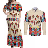 Papua Batik Motif Bird Of Paradise and Native Papuan Shield Couples Matching Off Shoulder Maxi Dress and Long Sleeve Button Shirt LT9 Beige - Polynesian Pride