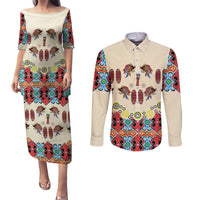 Papua Batik Motif Bird Of Paradise and Native Papuan Shield Couples Matching Puletasi Dress and Long Sleeve Button Shirt LT9 Beige - Polynesian Pride