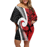 Silver Fern Koru Swirls with Maori Ta Moko Off Shoulder Short Dress LT9 Women Red - Polynesian Pride