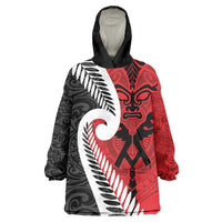 Silver Fern Koru Swirls with Maori Ta Moko Wearable Blanket Hoodie LT9 One Size Red - Polynesian Pride