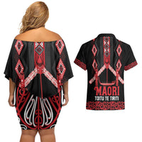 Toitu Te Tiriti Waitangi Couples Matching Off Shoulder Short Dress and Hawaiian Shirt Black Wharenui House - Polynesian Pride