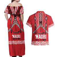 Toitu Te Tiriti Waitangi Couples Matching Off Shoulder Maxi Dress and Hawaiian Shirt Red Wharenui House - Polynesian Pride