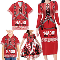 Toitu Te Tiriti Waitangi Family Matching Long Sleeve Bodycon Dress and Hawaiian Shirt Red Wharenui House - Polynesian Pride