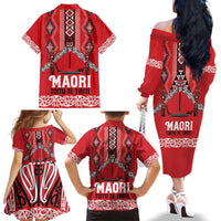 Toitu Te Tiriti Waitangi Family Matching Off The Shoulder Long Sleeve Dress and Hawaiian Shirt Red Wharenui House - Polynesian Pride