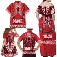 Toitu Te Tiriti Waitangi Family Matching Off Shoulder Maxi Dress and Hawaiian Shirt Red Wharenui House - Polynesian Pride