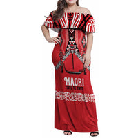 Toitu Te Tiriti Waitangi Family Matching Off Shoulder Maxi Dress and Hawaiian Shirt Red Wharenui House - Polynesian Pride