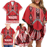 Toitu Te Tiriti Waitangi Family Matching Off Shoulder Short Dress and Hawaiian Shirt Red Wharenui House - Polynesian Pride